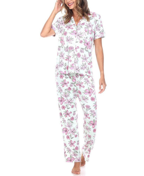 Women's Short Sleeve Pants Tropical Pajama Set, 2-Piece