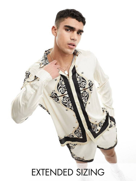 ASOS DESIGN co-ord relaxed satin shirt with baroque border print