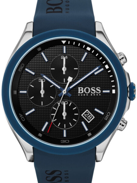 Мужские наручные часы с синим силиконовым ремешком Hugo Boss 1513717 Velocity Chronograph Mens 44mm 5ATM