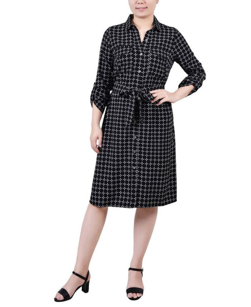 Petite Geometric Printed Long Sleeve Roll Tab Shirtdress