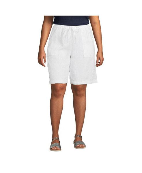 Plus Size High Rise Pull On Elastic Waist 10" Linen Bermuda Shorts