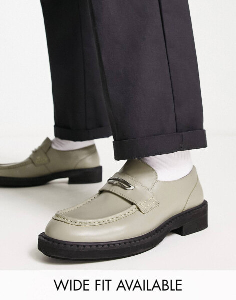 ASOS DESIGN chunky loafers in sage leather with black contrast sole