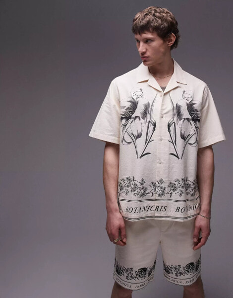 Topman co-ord short sleeve relaxed border print shirt in ecru