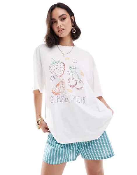 ASOS DESIGN boyfriend fit t-shirt with embroidered summer fruits graphic in cream