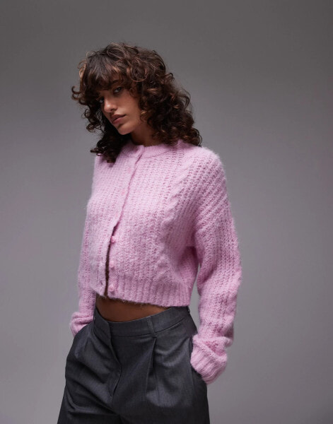 Topshop knitted cropped fluffy cable cardi in pink