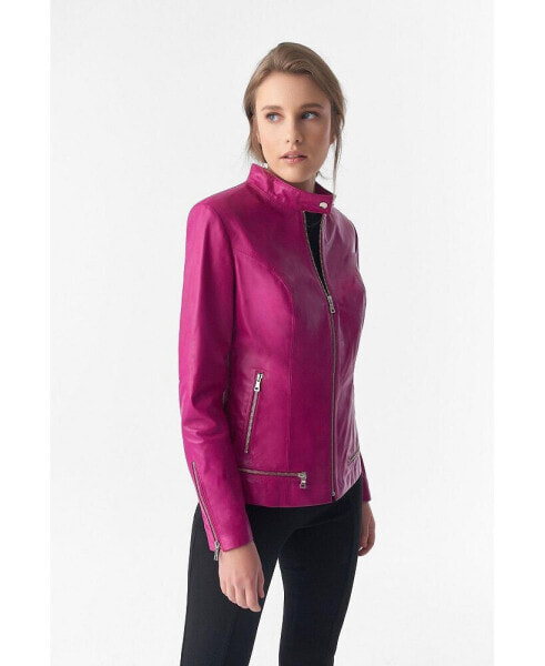 Women's Zipper Hem Detail Leather Jacket, Fuchsia