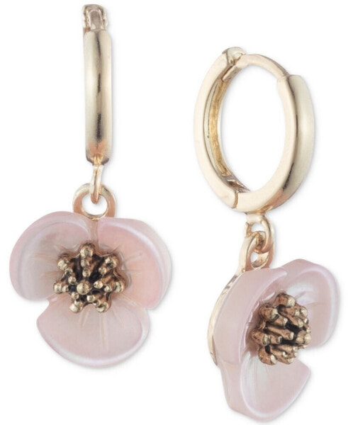 Gold-Tone Imitation Mother-of-Pearl Flower Drop Off Small Hoop Earrings