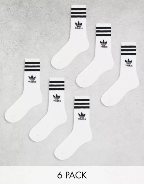 adidas Originals 6 pack crew socks in white with trefoil and 3 stripes