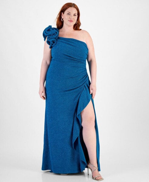 Trendy Plus Size One-Shoulder Ruffle-Trim Glitter Gown