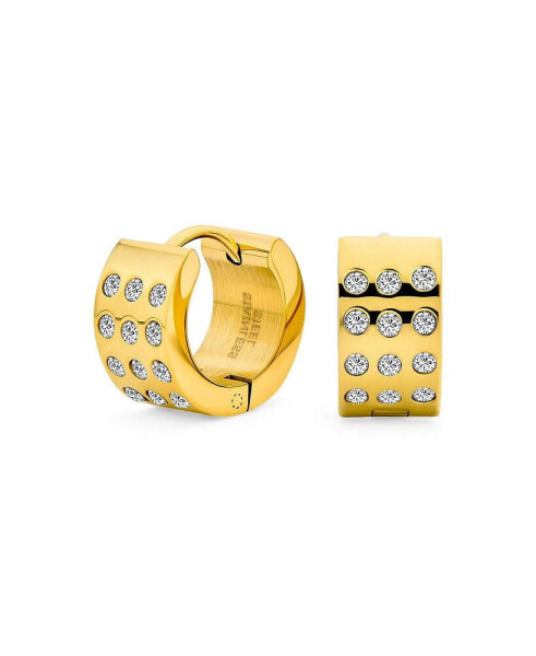 Unisex Channel Set 3 Row Cubic Zirconia CZ K-pop Wide Mini Hoop Huggie Earrings For Men Women Silver Black, Rose Yellow Gold Plated Steel Stainless