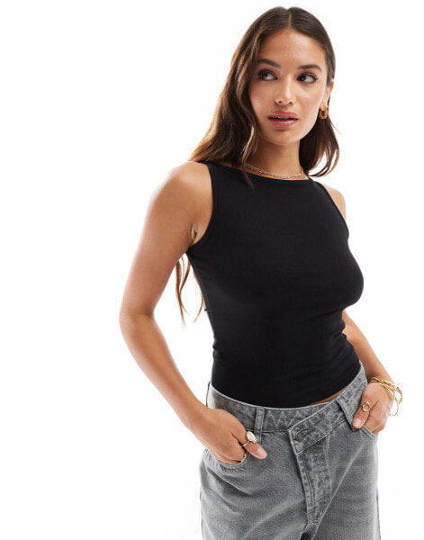 Cotton On rib boat neck crop top in black