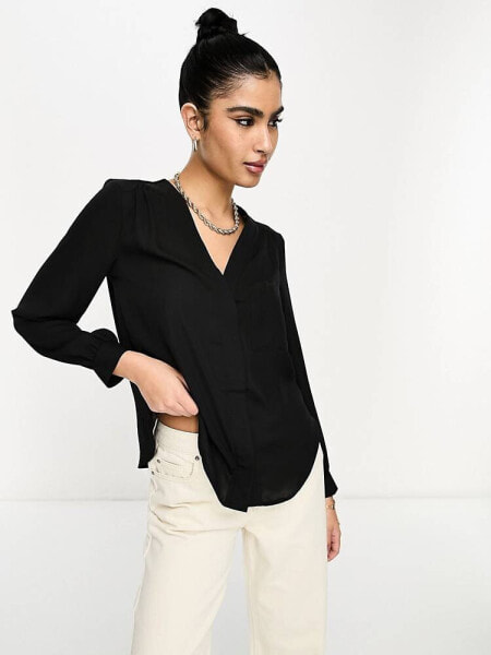 ASOS DESIGN long sleeve blouse with pocket detail in black