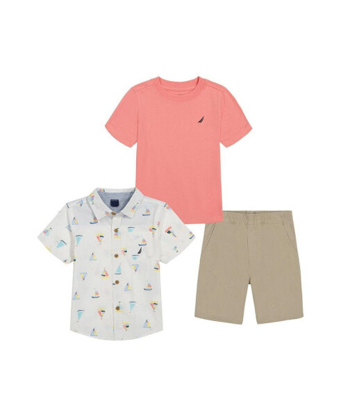 Toddler Boys Short Sleeve T-shirt, Printed Poplin Shirt and Twill Shorts, 3 Pc Set