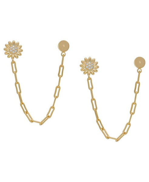 Cubic Zirconia Flower and Ball Stud Chain Dangling Earrings