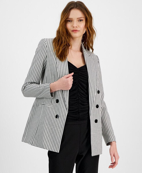 Women's Mini-Check-Print Faux-Double-Breasted Jacket, Created for Macy's