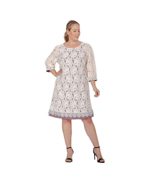 Plus Size Elegant Floral Lace Boat Neck Midi Dress