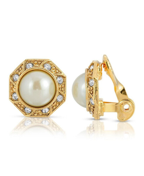 Gold Tone Imitation Pearl Crystal Round Button Clip Earring