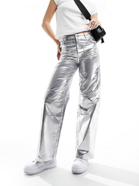 Bershka cracked faux leather straight leg trousers in gunmetal silver