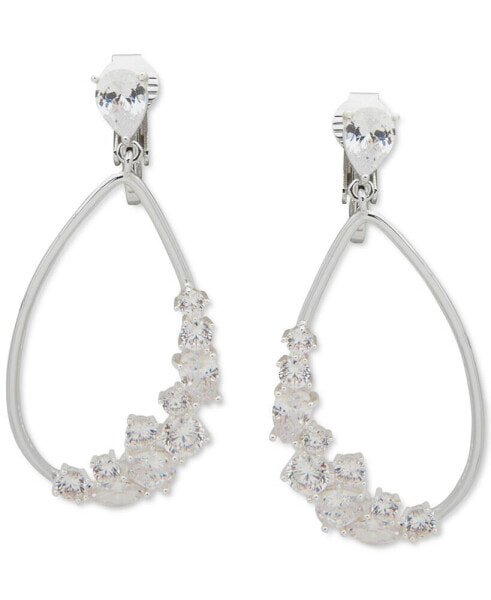 Silver-Tone Cubic Zirconia Open Tear-Shape Clip-On Drop Earrings