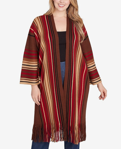 Plus Size Open Front Multi Stripe Cardigan Duster with Fringe