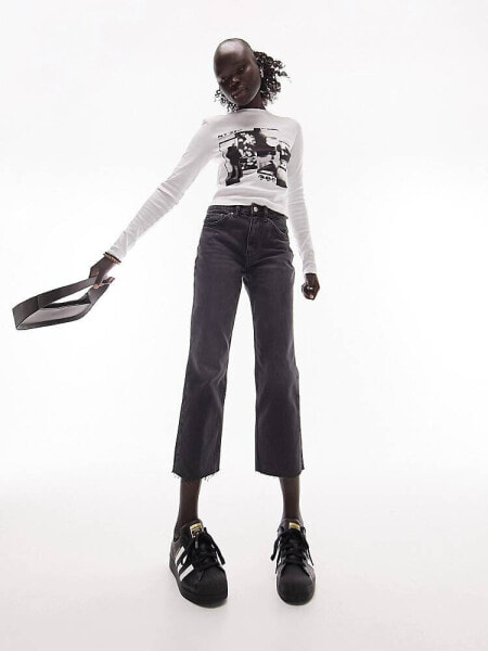 Topshop Petite cropped mid rise with raw hems straight jean in black