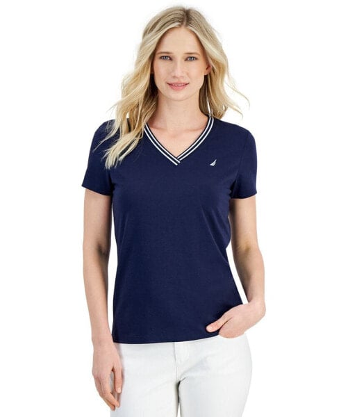 Women's Solid Stripe-Trim V-Neck