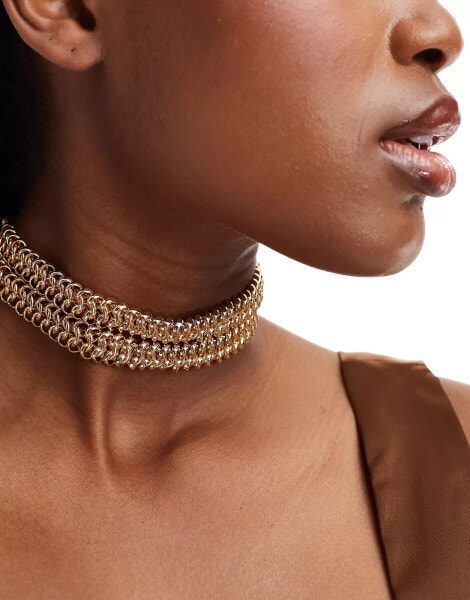 ASOS DESIGN choker necklace with double row snake chain in gold tone