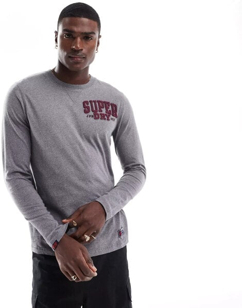 Superdry Vintage athletic long sleeve top in mid grey marl