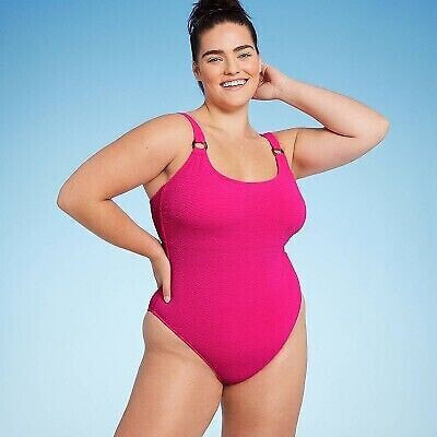 Women's Square Neck Pucker High Leg One Piece Swimsuit - Shade & Shore Hot Pink