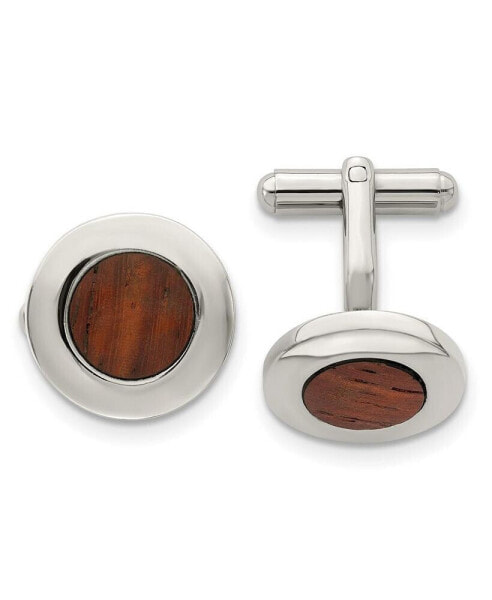 Stainless Steel Polished Koa Wood Inlay Circle Cufflinks