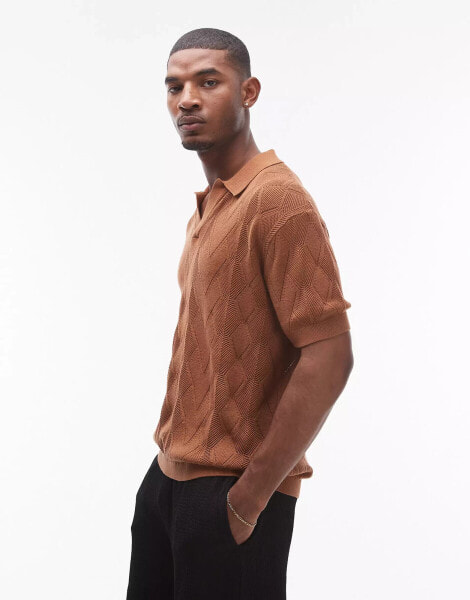 Topman knitted diamond pattern pointelle polo in brown