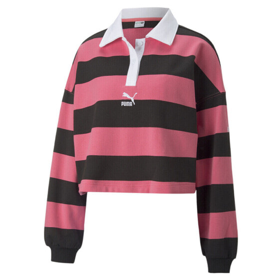 Puma Swxp Striped Long Sleeve Polo Shirt Womens Pink Casual 53573982