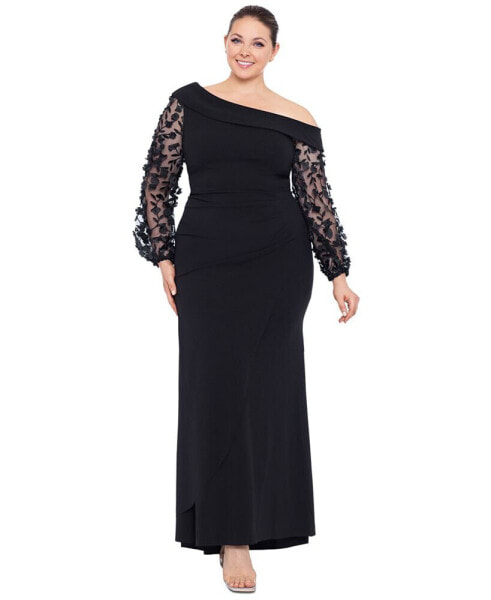 Plus Size Off-The-Shoulder Floral-Sleeve Gown