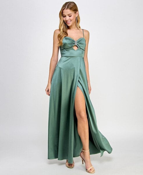 Juniors' Embellished Sweetheart-Neck Cutout Gown