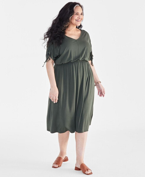 Plus Size V-Neck Shirred-Sleeve Dress, Created for Macy's