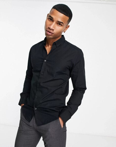 ONLY & SONS slim fit stretch poplin shirt in Black