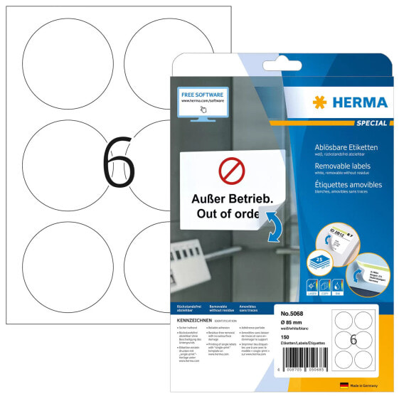 HERMA Removable labels A4 Ø 85 mm round white Movables/removable paper matt 150 pcs. - White - Self-adhesive printer label - A4 - Paper - Laser/Inkjet - Removable