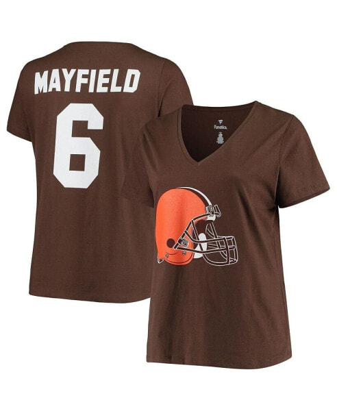 Women's Baker Mayfield Brown Cleveland Browns Plus Size Name and Number V-Neck T-shirt