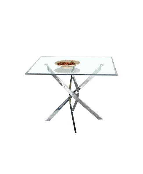 Contemporary Square Clear Dining Tempered Glass Table With Silver Finish Stainless Steel Legs