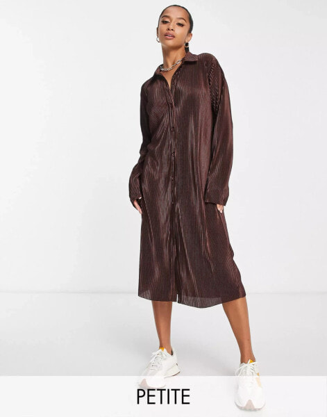 Lola May Petite plisse midaxi shirt dress in chocolate brown