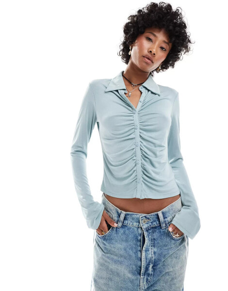 Monki long sleeve jersey ruched shirt in light dusty blue