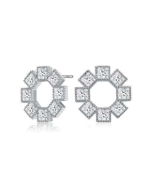 GV Sterling Silver White Gold Plated Eight Stone Clear Princess Cubic Zirconia Bezel Earrings