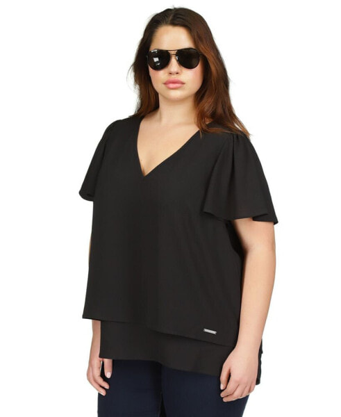 Plus Size Flutter-Sleeve Double-Layer Top