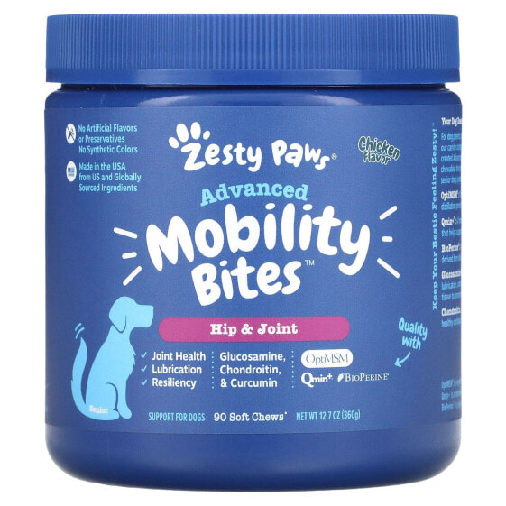 Zesty Paws, Advanced Mobility Bites для собак, для бедер и суставов, для пожилых людей, курица, 90 жевательных таблеток, 360 г (12,7 унции)