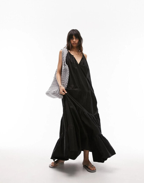 Topshop tiered poplin oversized maxi dress in black