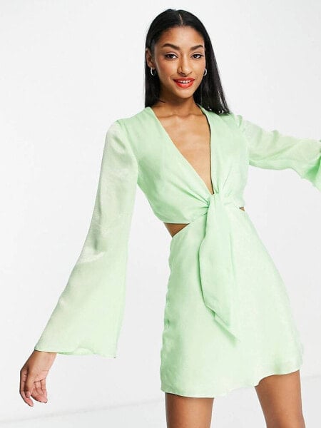 ASOS DESIGN tie front satin mini dress with flared sleeve and cut out side