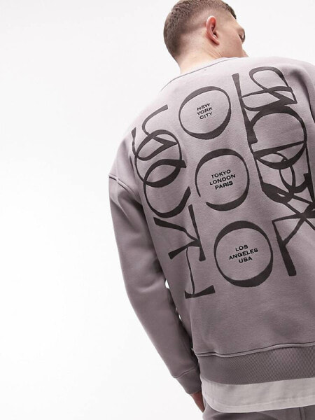 Topman oversized sweatshirt with Tokyo Paris London with front and back print in grey