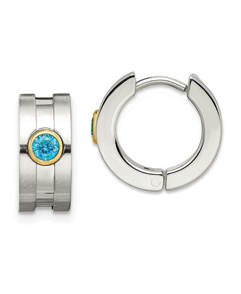 Stainless Steel Brushed Yellow Blue CZ Hinged Hoop Earrings