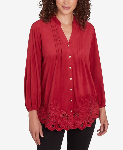 Petite Button Front Stretch Faux Suede Top