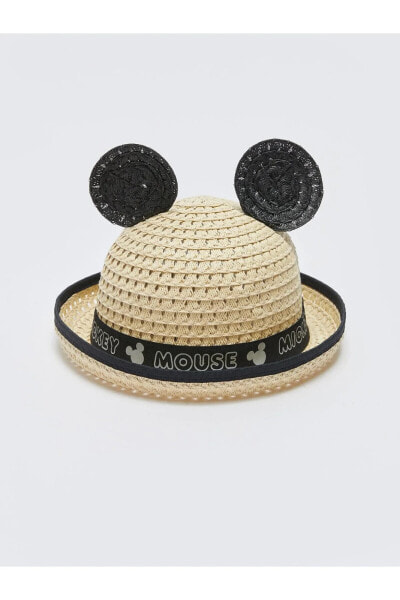Mickey Mouse Baskılı Kız Bebek Hasır Fötr Şapka